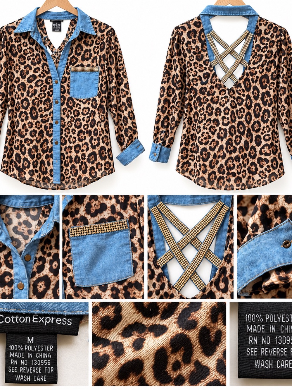 Cotton Express Leopard Print Blouse with Denim Trim - Brown & Blue